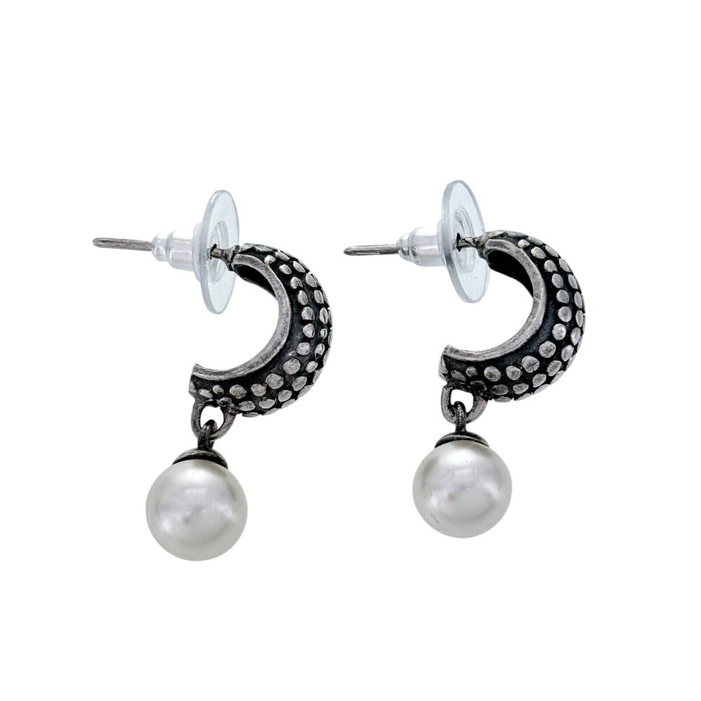Vintage Sterling Silver 925 Hobnail Detail Imitation Pearl Drop Earrings